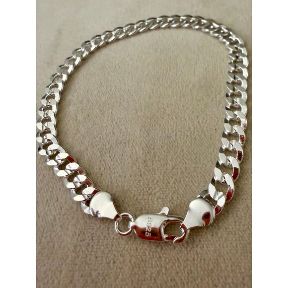 7MM S925 Sterling Silver Cuban Link Shiny Bracelet 20CM Tone Unisex - Picture 6 of 8